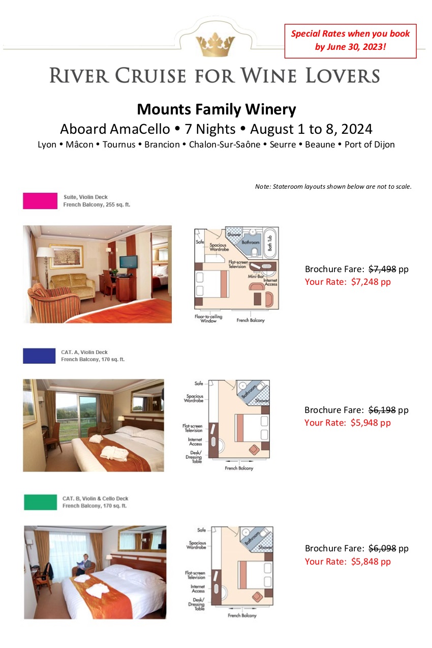 2024 Mounts Family Winery Wine Cruise Staterooms and Pricing Expedia