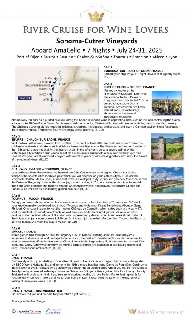 2025 SonomaCutrer Wine Cruise Itinerary Expedia Wine Club Cruises