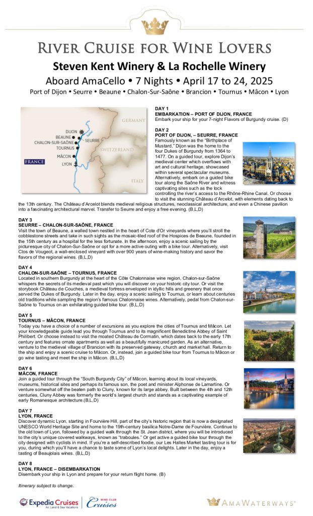 2025 Steven Kent Winery and La Rochelle Winery Cruise Itinerary