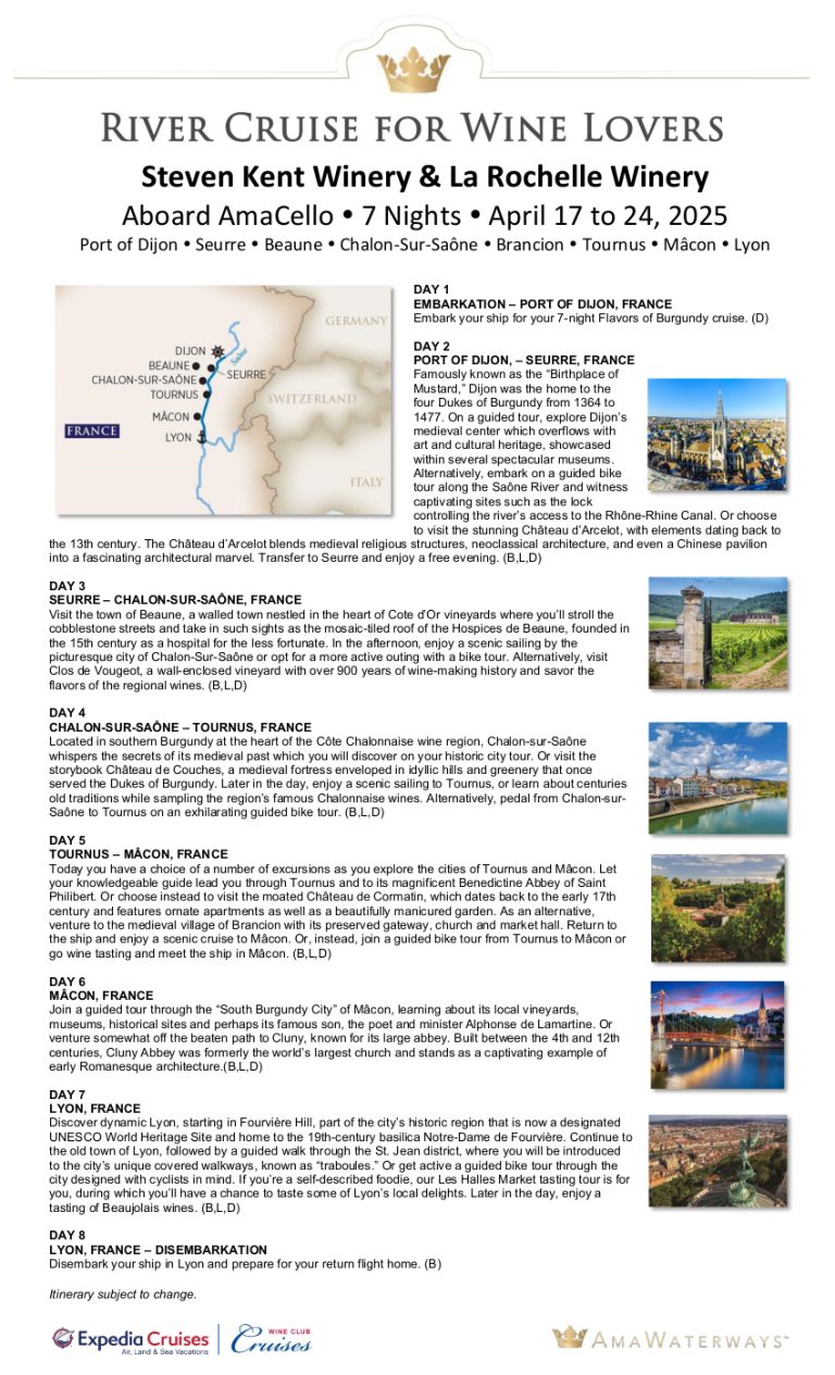 2025 Steven Kent Winery and La Rochelle Winery Cruise Itinerary