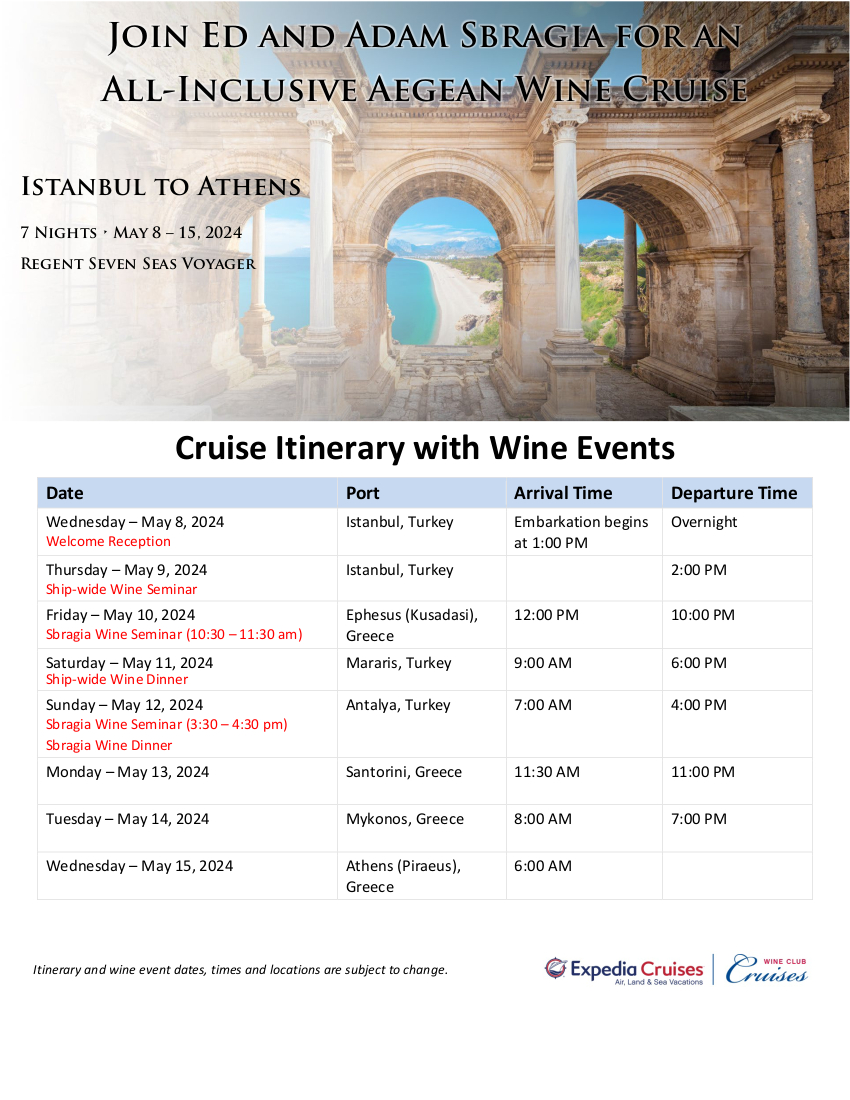 Itinerary with Wine Events Sbragia Regent 2024 Expedia Wine Club